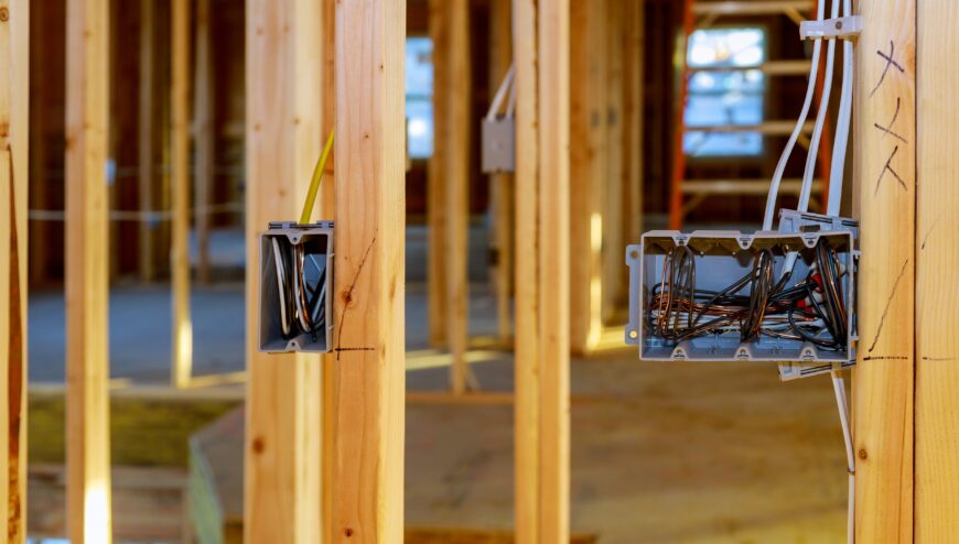 Electrical Socket Boxes With Wires Of Wooden Beams