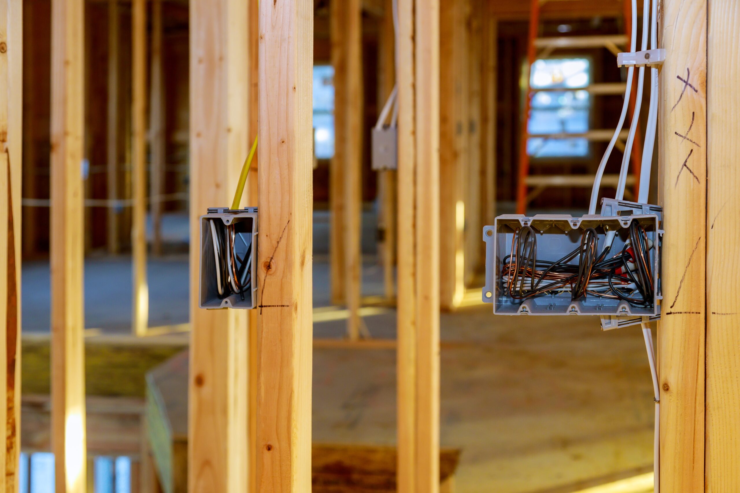 Electrical Socket Boxes With Wires Of Wooden Beams